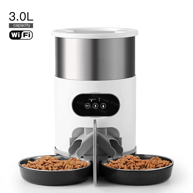 Automatic Cat Feeder Pets Dry Food Dispenser Double Bowls for Two Cats Dogs with Wifi Timing Feeding Voice Recorder Tuya APP