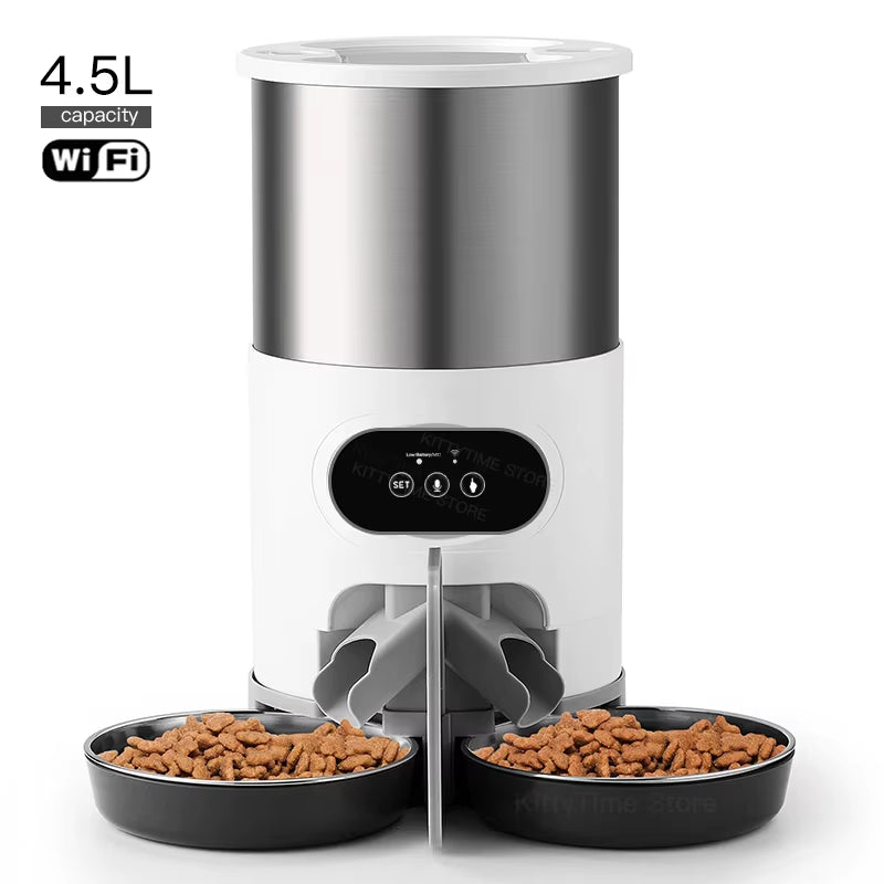 Automatic Cat Feeder Pets Dry Food Dispenser Double Bowls for Two Cats Dogs with Wifi Timing Feeding Voice Recorder Tuya APP